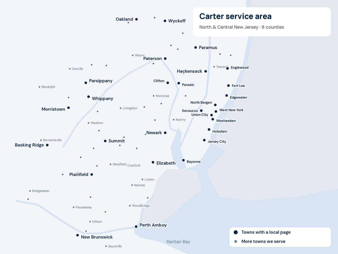 Map of the North and Central New Jersey towns Carter serves